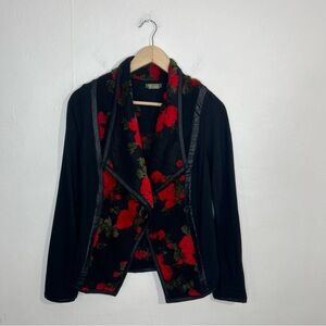 Dolcezza Deep Pile Black Red Rose Floral Sweater Jacket Blazer Cardigan Size S